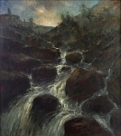 Vodopád. Velký obraz z 19. století. Signovaný
