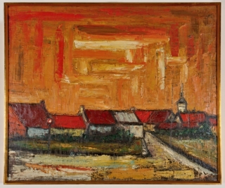 Naivní obraz vesnice. Olej na plátně